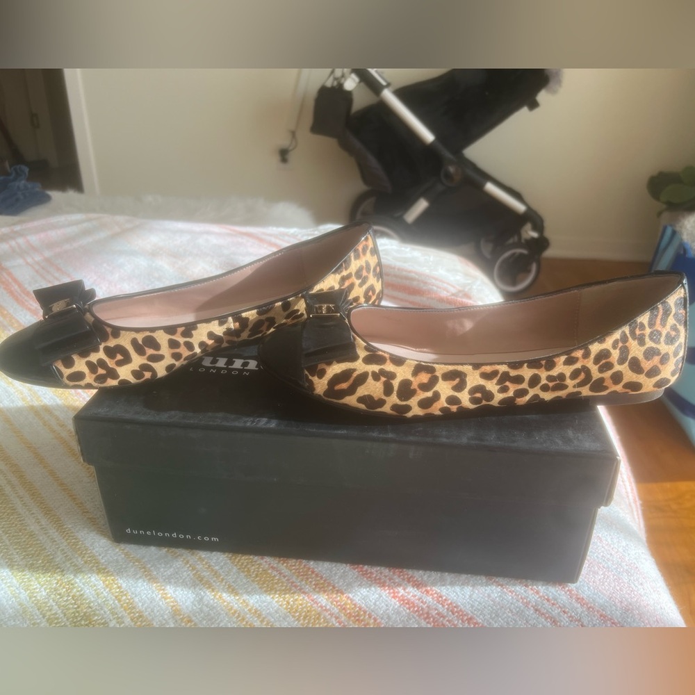 Dune London Leopard Print Black Patent Bow Flats Size 37! Excellent Condition!